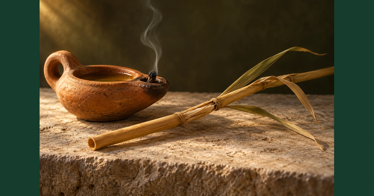 Lamparina antiga de barro com pavio delicadamente fumegante e um caniço dobrado sobre uma mesa de pedra.