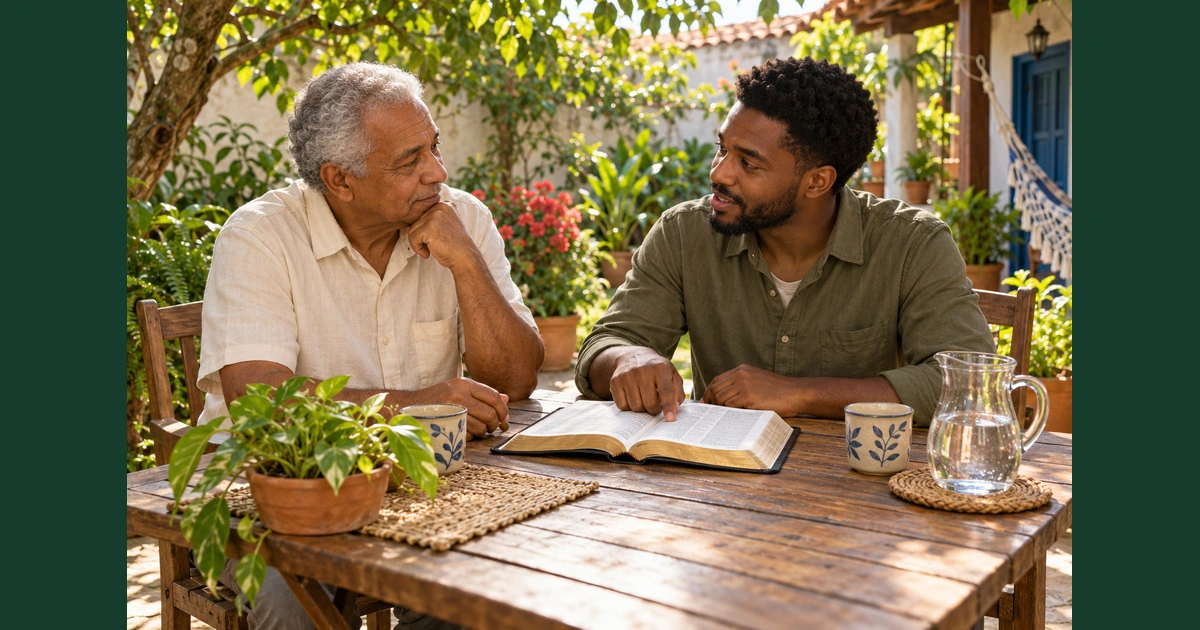 Dois amigos de idades diferentes leem a Bíblia e conversam numa mesa de jardim.