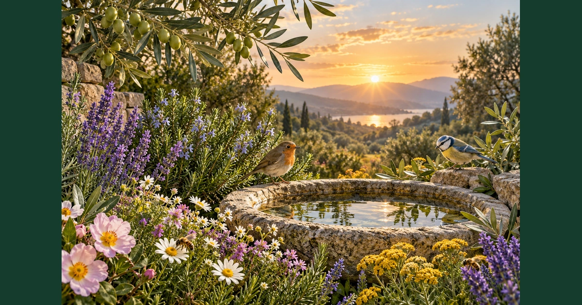 Jardim com flores, abelhas, aves e água limpa sob a luz delicada da manhã.