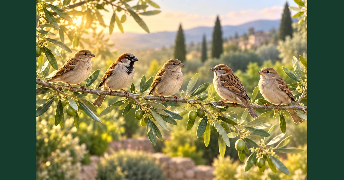 Cinco pequenos passarinhos repousam num ramo de oliveira ao amanhecer, com detalhes de penas e folhas.