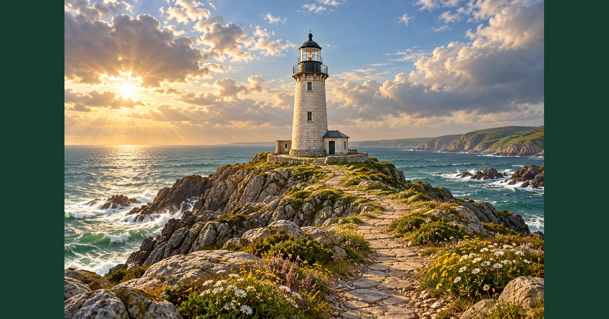 Farol de pedra permanece sobre uma costa rochosa diante do mar, sob luz clara depois da chuva.