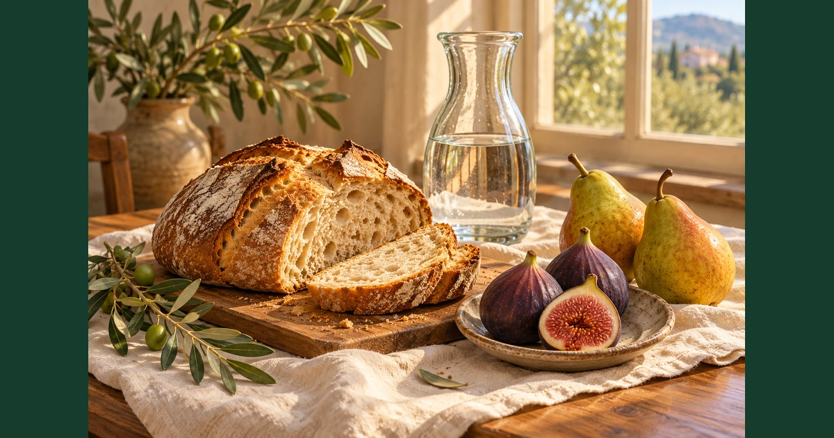 Mesa simples com pão, frutas e água recebe a luz suave da manhã junto a uma janela.