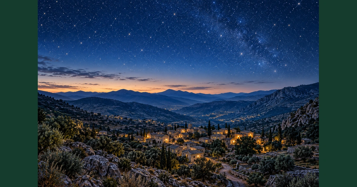 Céu estrelado sobre montanhas e um pequeno povoado com luzes discretas nas casas.