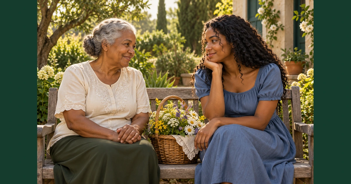 Avó e neta adulta compartilham uma conversa serena num jardim, com uma cesta de flores entre elas.