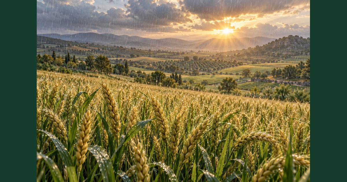 Chuva suave alcança uma plantação de cereais em terra cultivada, com a luz da manhã entre as nuvens.