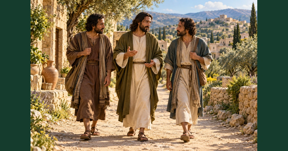 Representação artística de Jesus caminhando com dois discípulos por uma estrada próxima a casas simples.