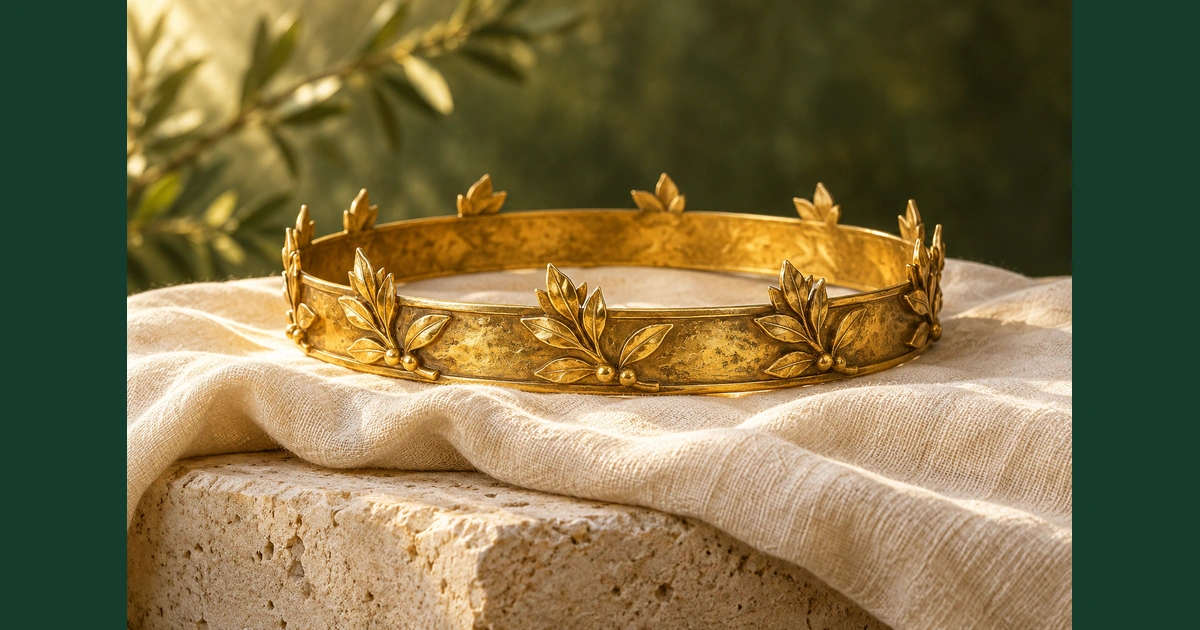 Coroa simples de metal dourado repousa sobre um tecido claro numa composição iluminada e serena.