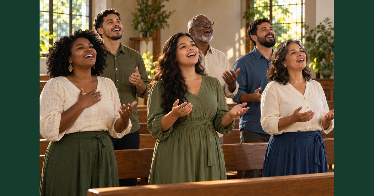 Pequena congregação de adultos canta com alegria numa igreja simples iluminada pelo sol.