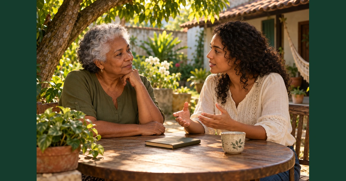 Mulher mais velha escuta atentamente uma jovem adulta numa conversa tranquila à mesa de um quintal.