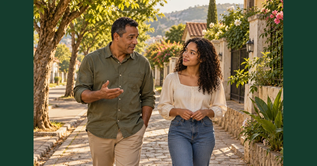 Pai e filha adulta caminham por uma rua arborizada enquanto conversam com atenção e serenidade.
