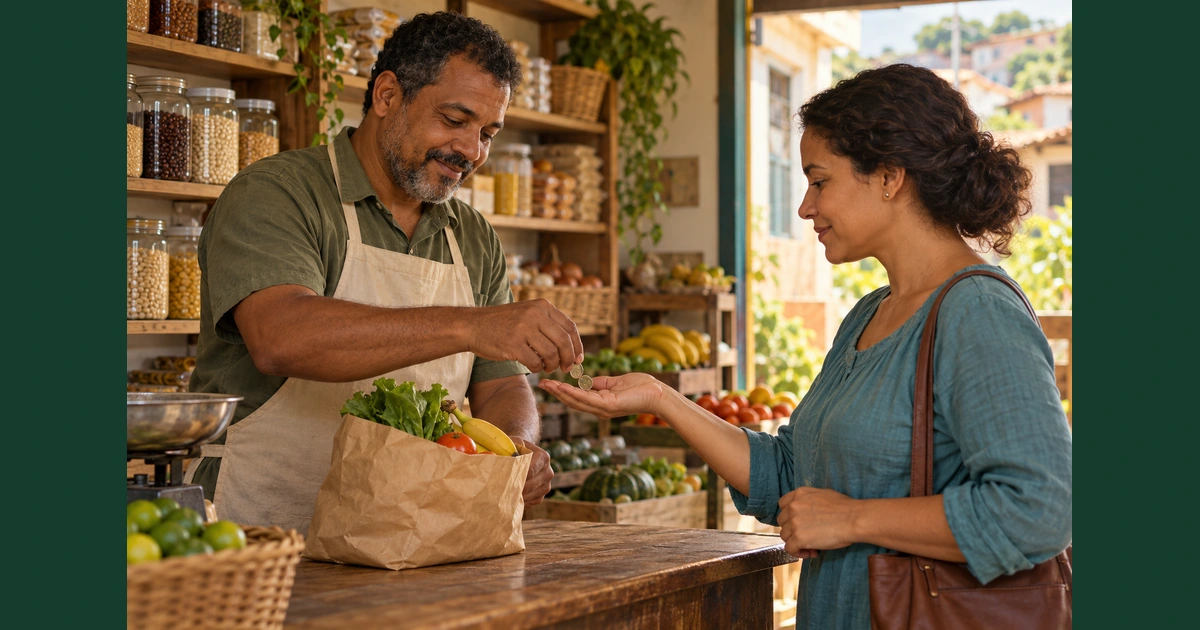 Comerciante de uma pequena mercearia entrega moedas de troco a uma cliente numa cena de atendimento cuidadoso.
