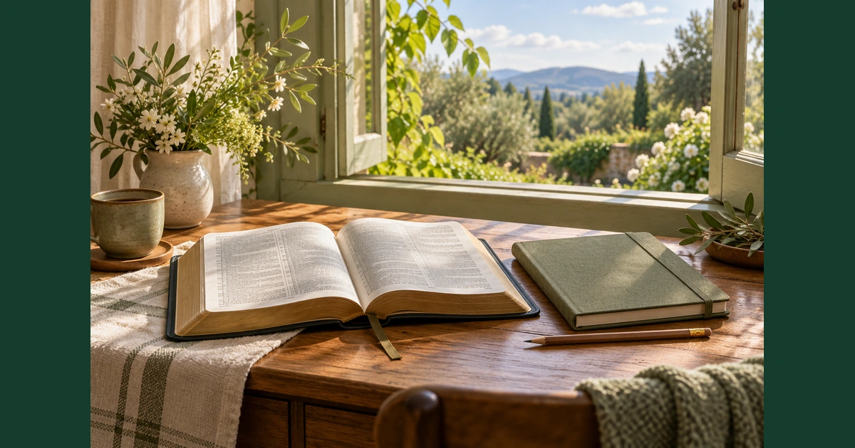 Bíblia aberta e caderno simples sobre uma mesa junto à janela, com luz suave e um jardim ao fundo.
