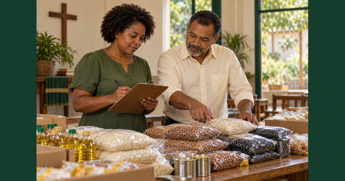Dois voluntários conferem alimentos de uma ação solidária com uma prancheta sobre a mesa de uma sala comunitária.