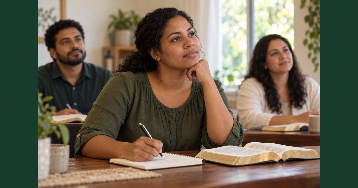 Mulher adulta escuta uma aula bíblica com atenção, tendo Bíblia e caderno abertos sobre a mesa.