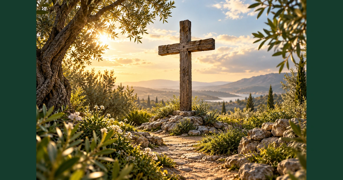 Cruz simples de madeira num jardim sereno, com ramos de oliveira em primeiro plano e luz suave ao fundo.