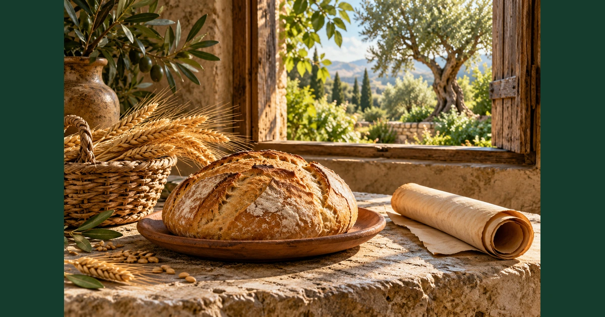 Pão rústico, trigo e um pergaminho enrolado sobre uma mesa de pedra junto a uma janela com vista para oliveiras.