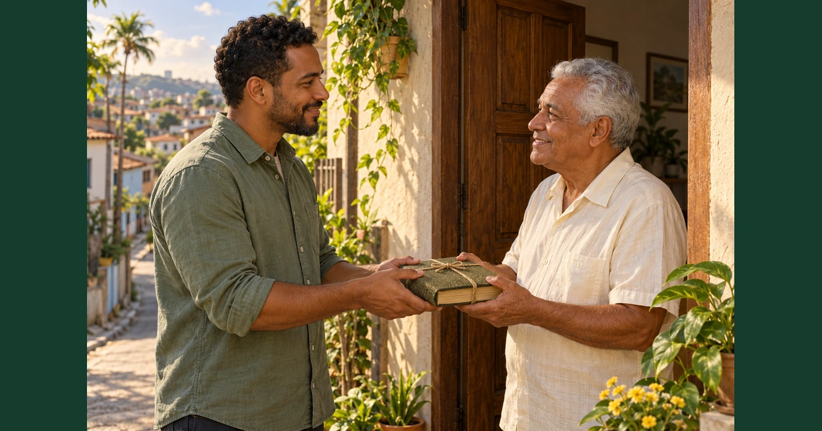 Homem adulto devolve com cuidado um livro a um vizinho mais velho na entrada de uma casa simples.