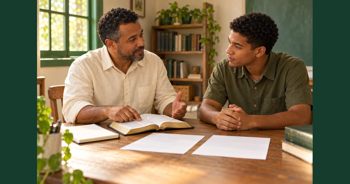 Professor organiza materiais simples de uma aula bíblica enquanto conversa com um jovem adulto numa sala de igreja.
