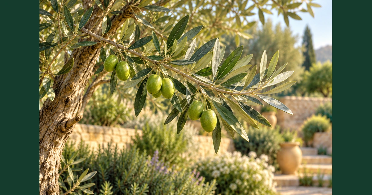Ramo de oliveira com folhas saudáveis e frutos em crescimento, iluminado por luz suave num jardim.