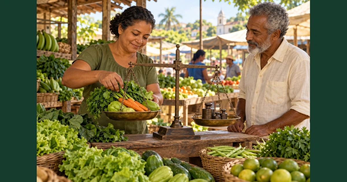 Vendedora pesa verduras numa balança de dois pratos enquanto atende um cliente com respeito numa feira simples.