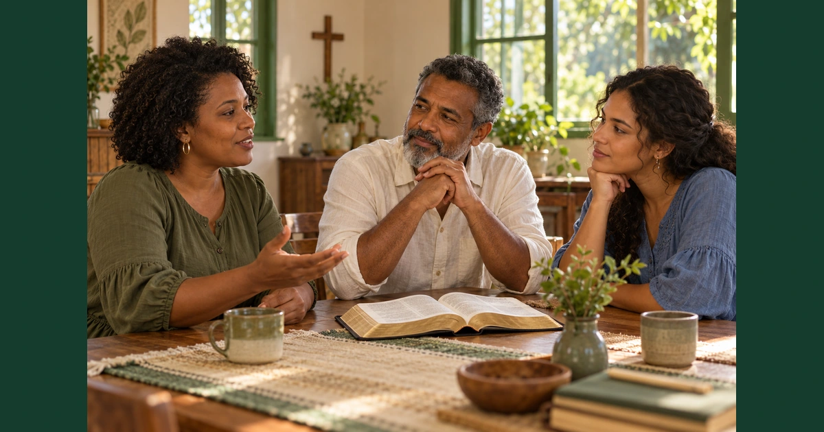 Três adultos conversam com atenção e serenidade numa mesa de uma sala comunitária com uma Bíblia aberta.