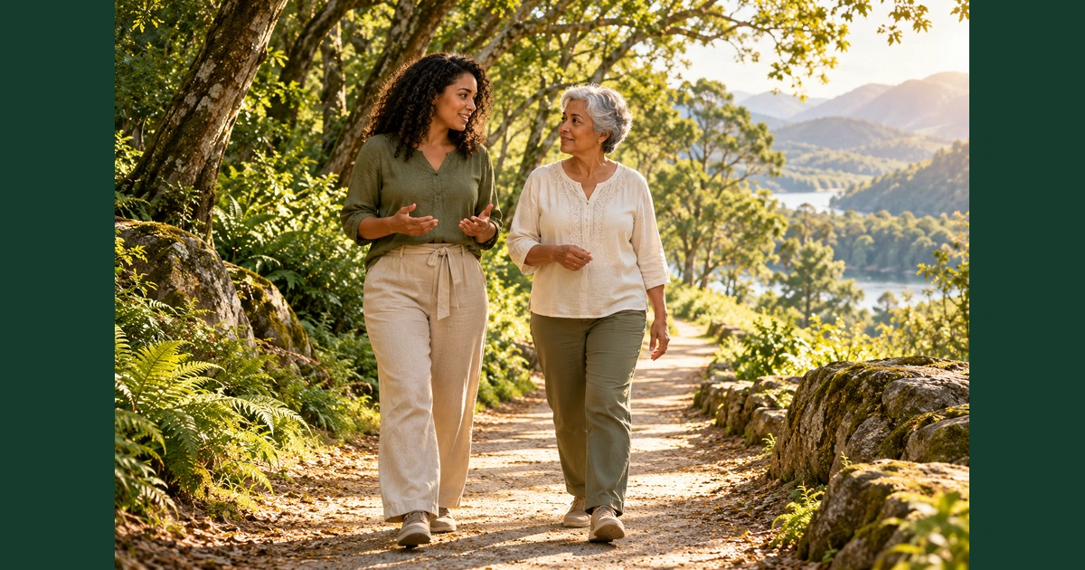 Duas pessoas adultas caminham lado a lado por uma trilha tranquila, em atitude de companhia e atenção.