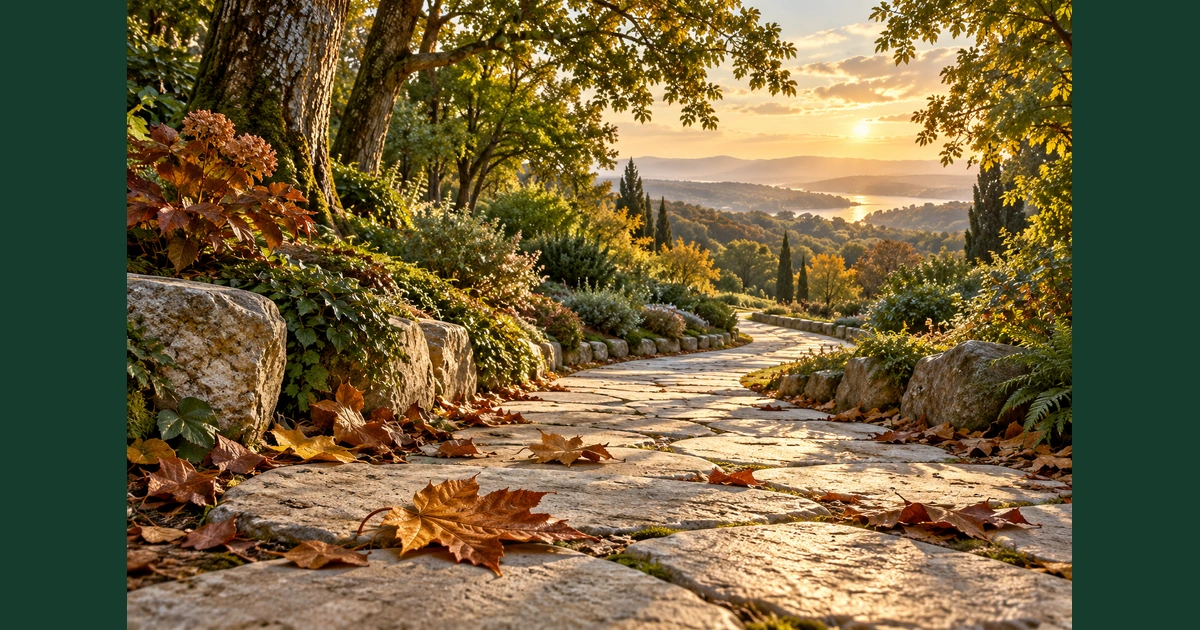 Folhas de outono junto a um caminho de pedra firme, com árvores verdes e horizonte iluminado ao fundo.