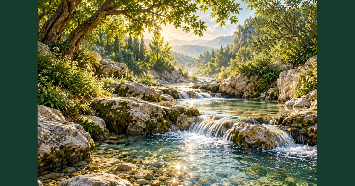 Água límpida corre entre pedras claras e árvores verdes numa paisagem luminosa e serena.