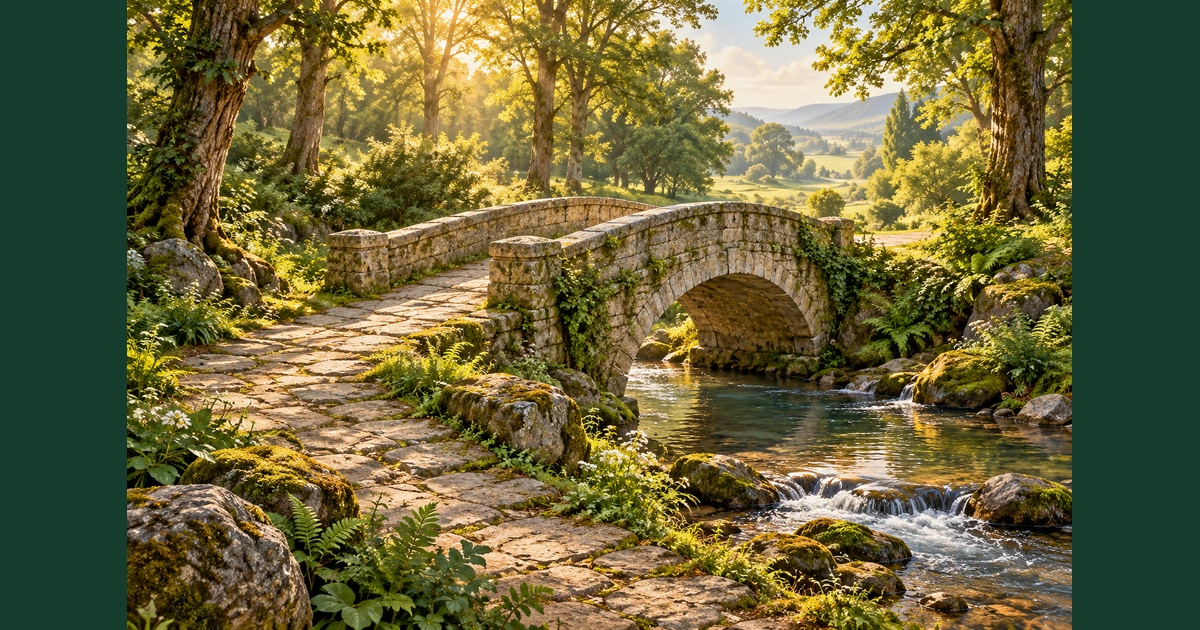 Ponte firme de pedra atravessa um riacho num caminho arborizado iluminado pela luz suave da manhã.
