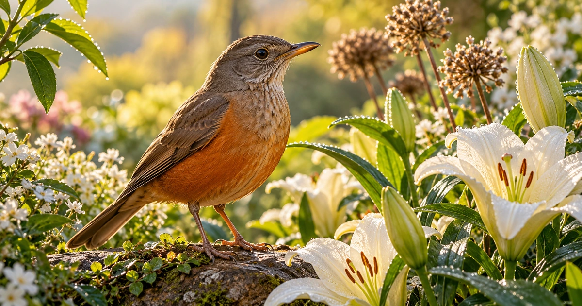 Sabiá de peito alaranjado junto a flores claras com orvalho em um jardim iluminado pela manhã.