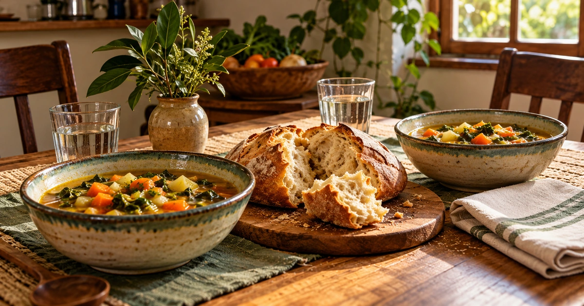 Uma refeição simples de pão e sopa em mesa de madeira, com um segundo lugar preparado para partilha.