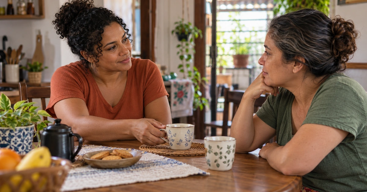 Duas mulheres adultas conversam com atenção à mesa, compartilhando um momento de escuta com chá.