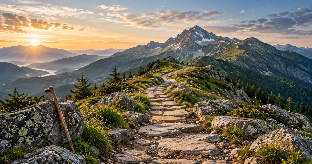 Caminho de pedras entre montanhas ao amanhecer, com um cajado apoiado em uma rocha no primeiro plano.