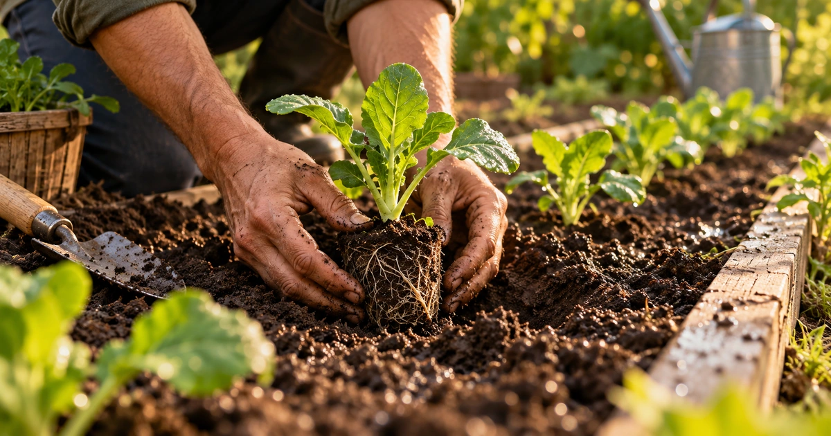 Mãos de um jardineiro colocando uma pequena muda com raízes visíveis em um canteiro de terra úmida.