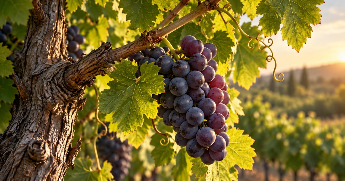 Cacho de uvas roxas entre folhas verdes, ligado por um ramo a uma videira viva.