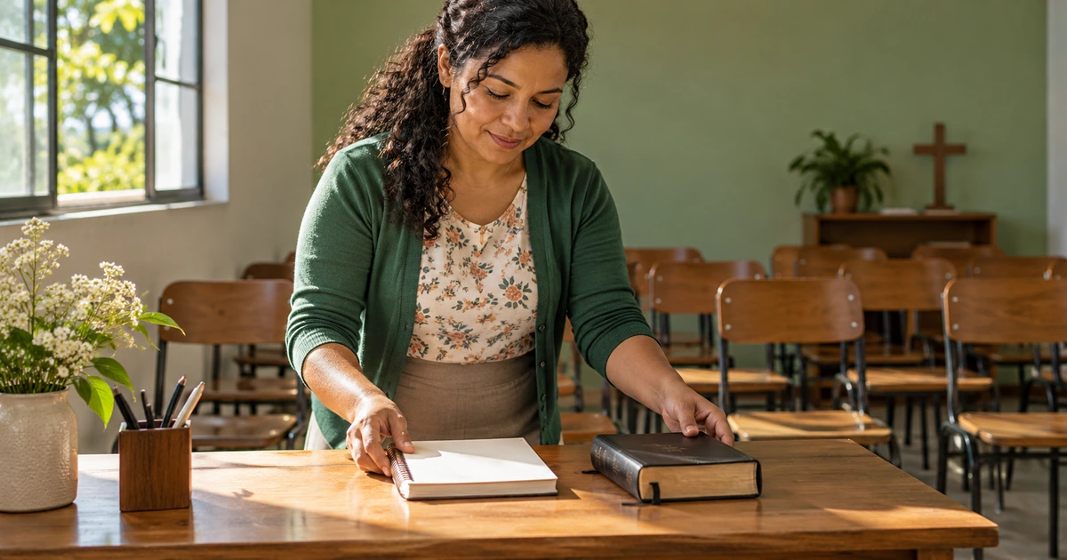 Mulher preparando uma mesa com caderno e Bíblia em uma sala de escola bíblica com cadeiras vazias.