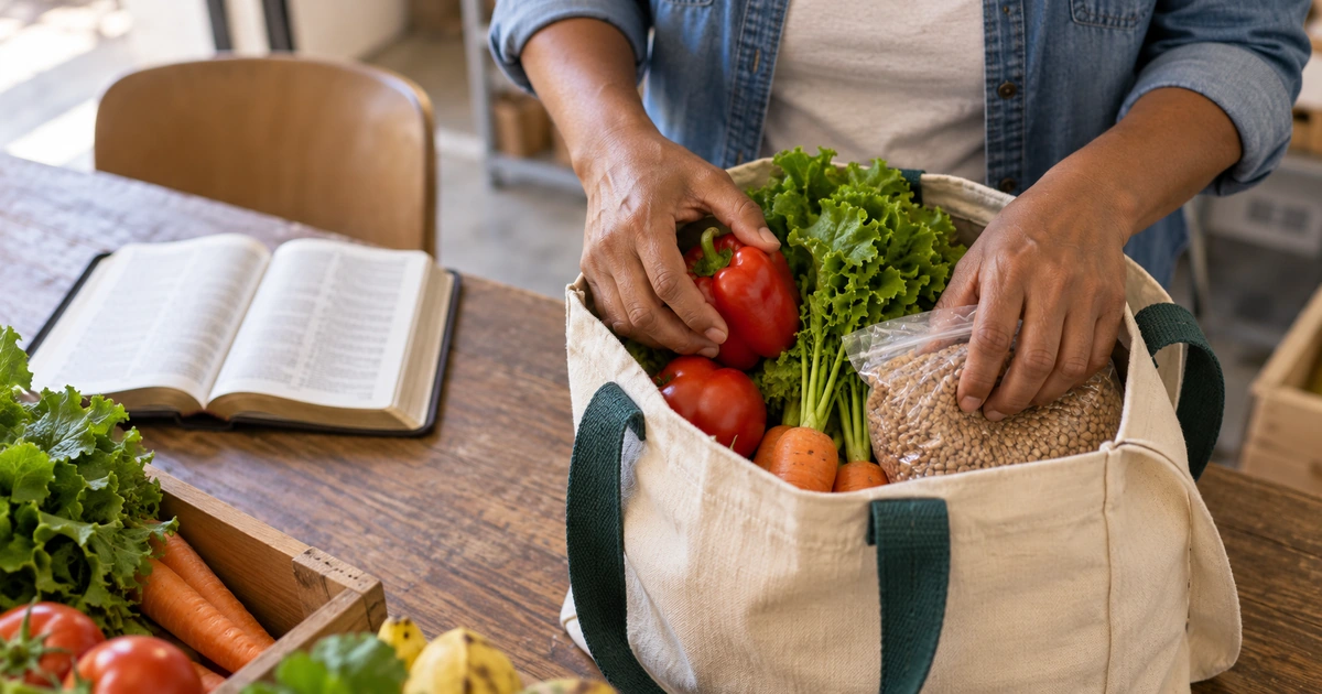 Mãos organizando verduras e um pacote de grãos em uma sacola, com uma Bíblia aberta ao lado.
