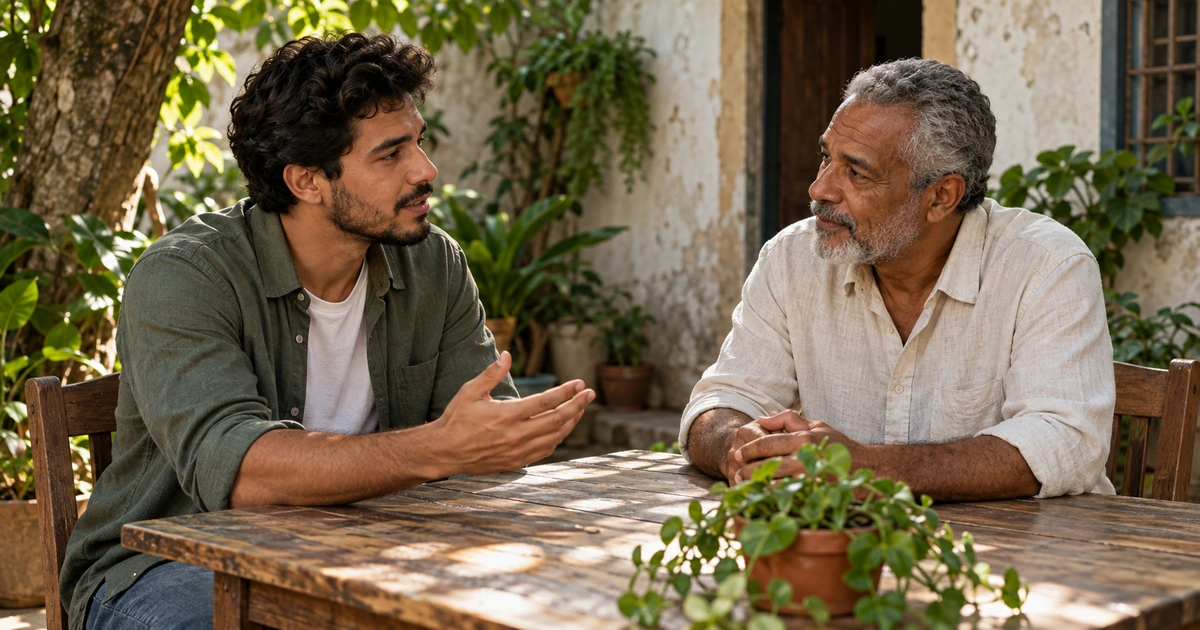 Dois homens de idades diferentes conversando com atenção à mesa de um pátio arborizado.