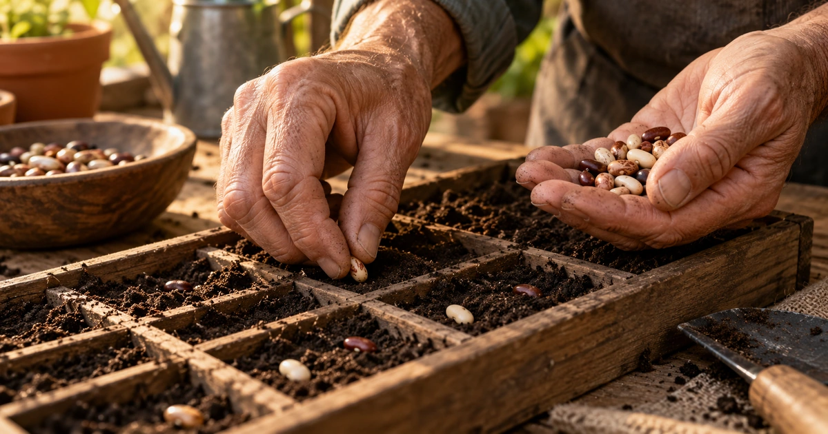 Mãos de um jardineiro colocando sementes em uma bandeja de madeira com terra preparada para o plantio.