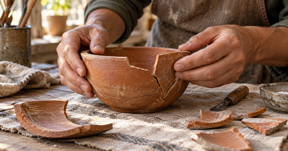 Mãos de um artesão aproximando um fragmento de uma tigela de barro quebrada, em um trabalho de reparo.