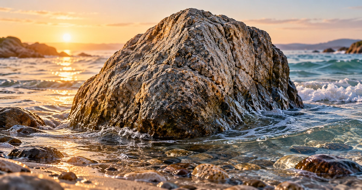 Grande formação rochosa firme na praia, com água da maré em movimento ao redor e luz do amanhecer.