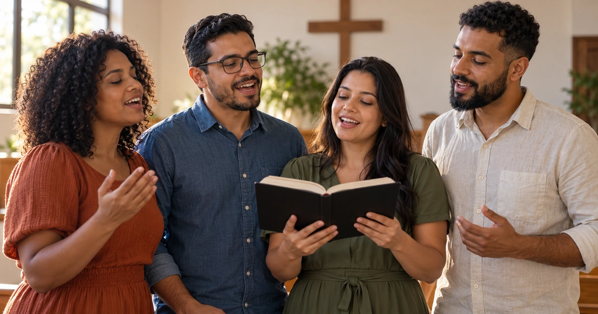 Quatro adultos reunidos em uma igreja simples, cantando juntos enquanto uma mulher segura um livro de cânticos aberto.