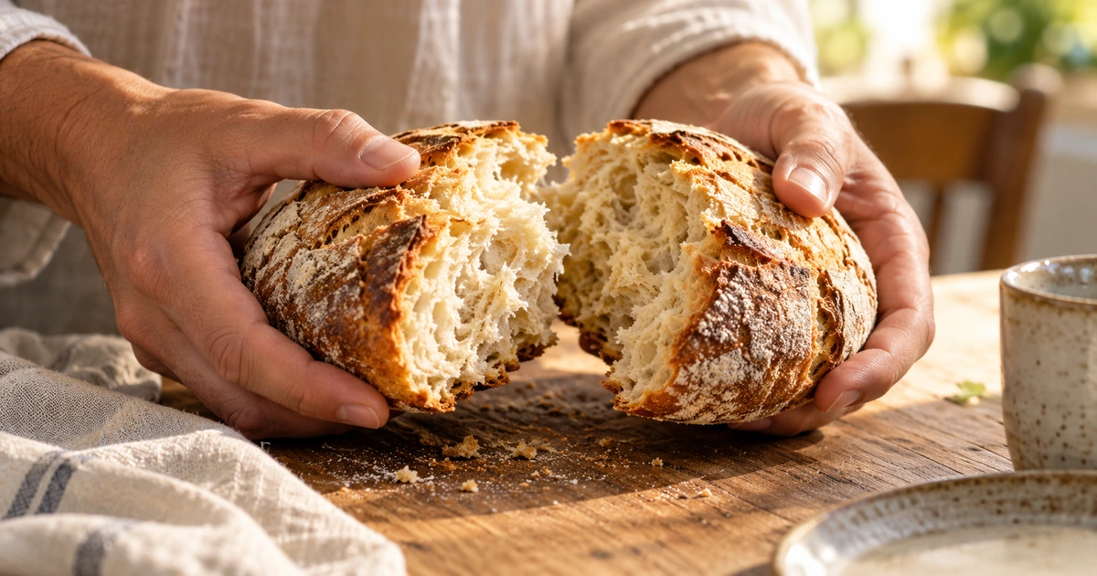 Pão rústico sendo repartido sobre uma mesa simples, com luz natural e espaço de acolhimento.