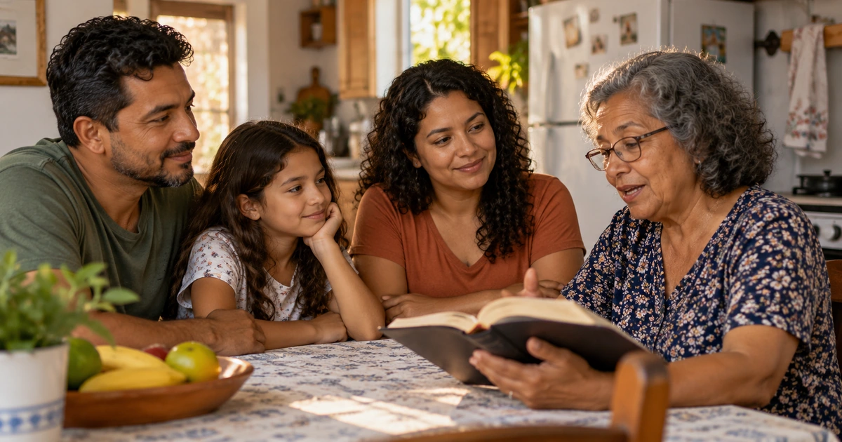 Família reunida à mesa de casa, ouvindo com atenção a leitura de uma Bíblia aberta.