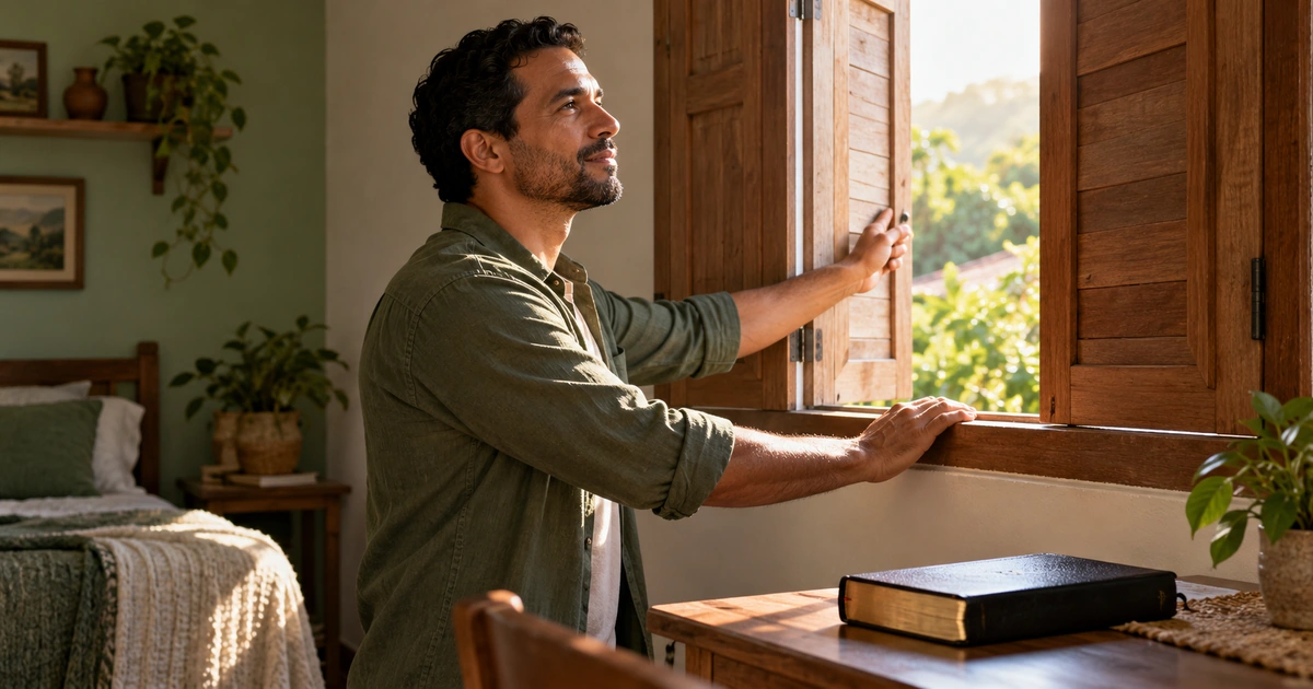 Pessoa abrindo a janela de uma sala simples para a luz da manhã, com uma Bíblia sobre a mesa próxima.