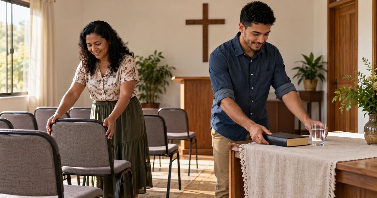 Dois adultos preparando uma sala de igreja, organizando cadeiras e colocando uma Bíblia e água sobre a mesa.