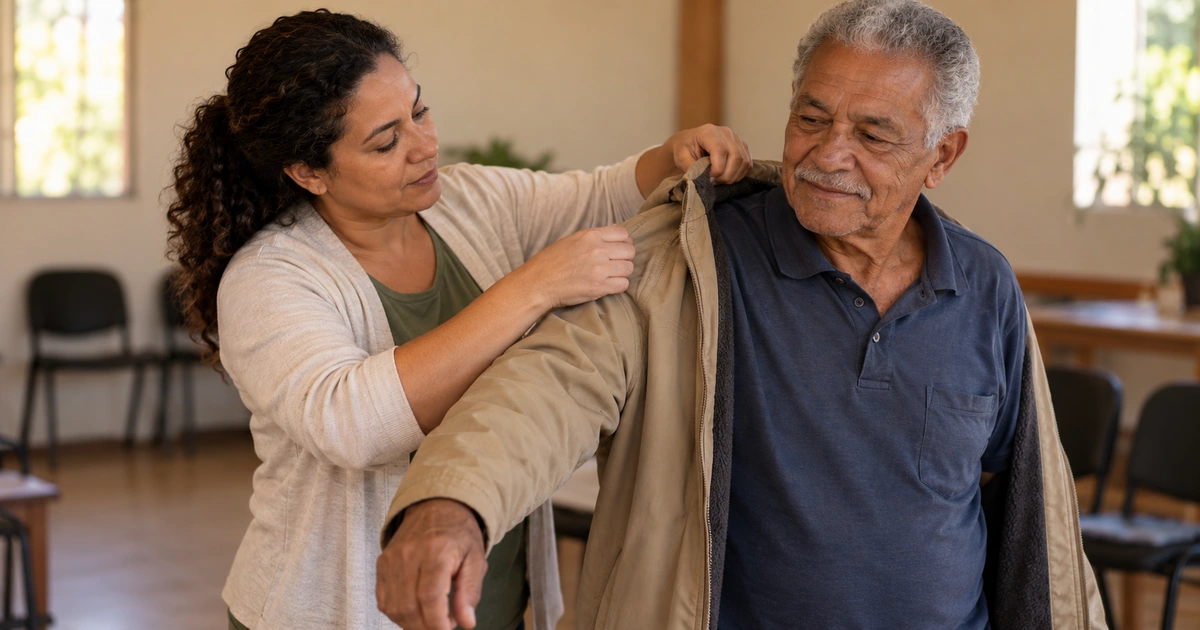 Voluntária ajudando um homem idoso a vestir um casaco em uma sala comunitária simples.