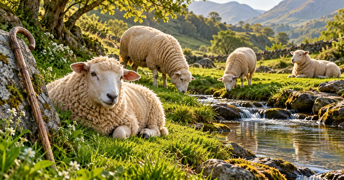 Quatro ovelhas descansando e pastando junto de um pequeno riacho, com um cajado apoiado em uma pedra.