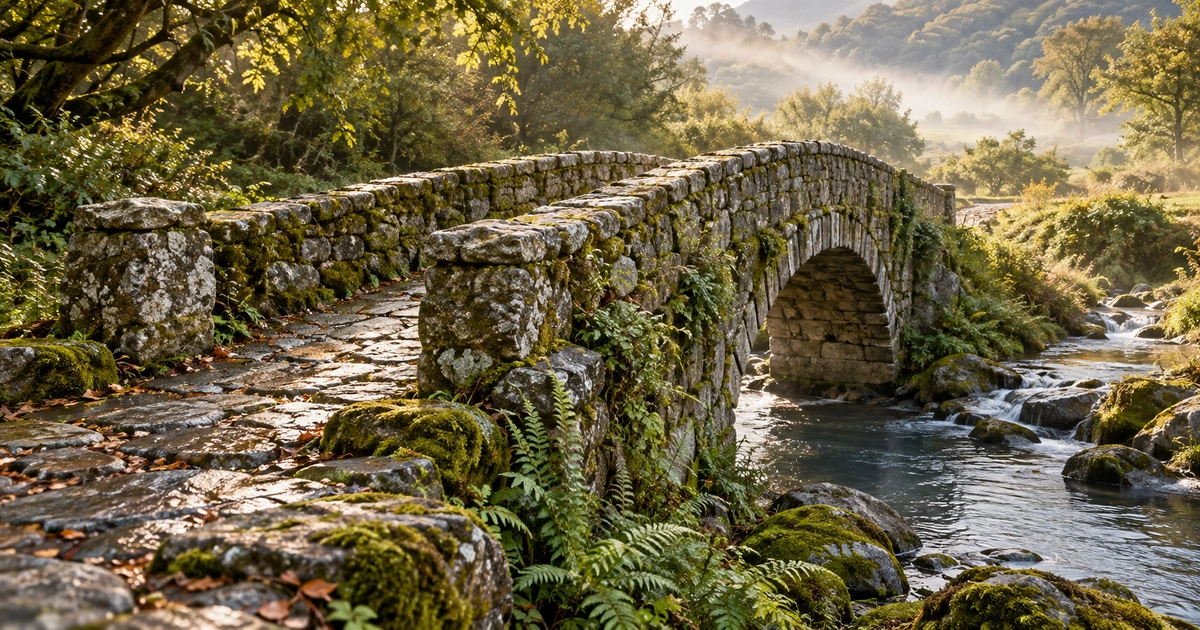 Ponte de pedra firme atravessando um pequeno curso de água, com neblina leve ao fundo.