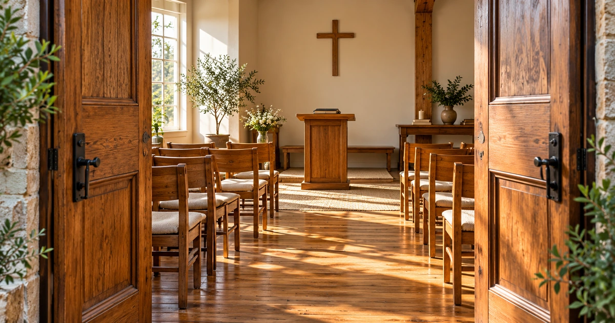 Portas de madeira abertas para uma sala simples preparada para um encontro de oração e louvor.